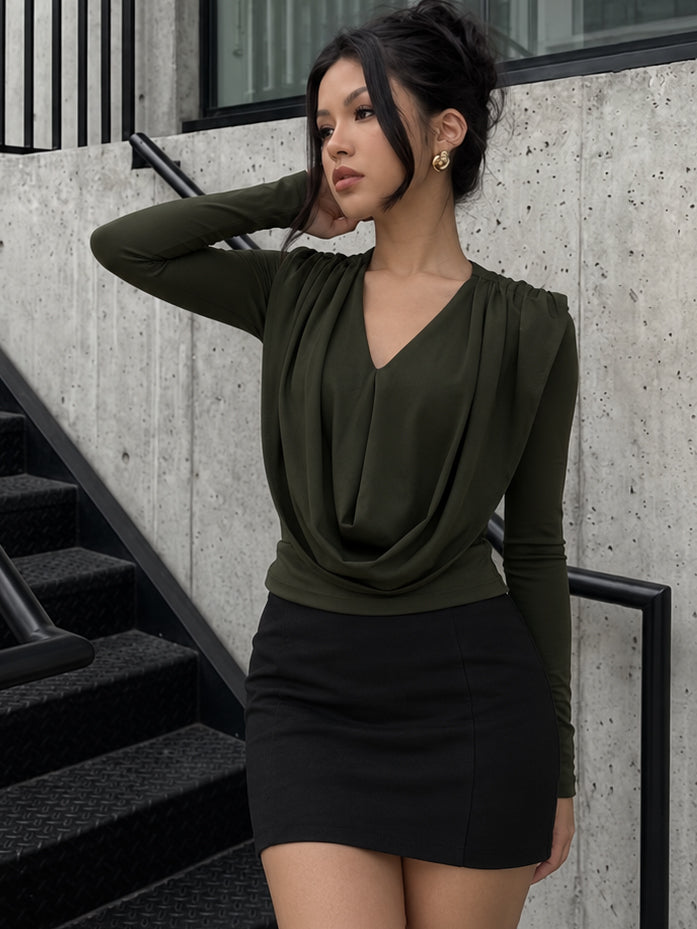Women Olive Cowl Neck Full Sleeve Top