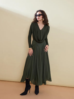 Olive Cowl Neck Full Sleeve Top-SASSAFRAS