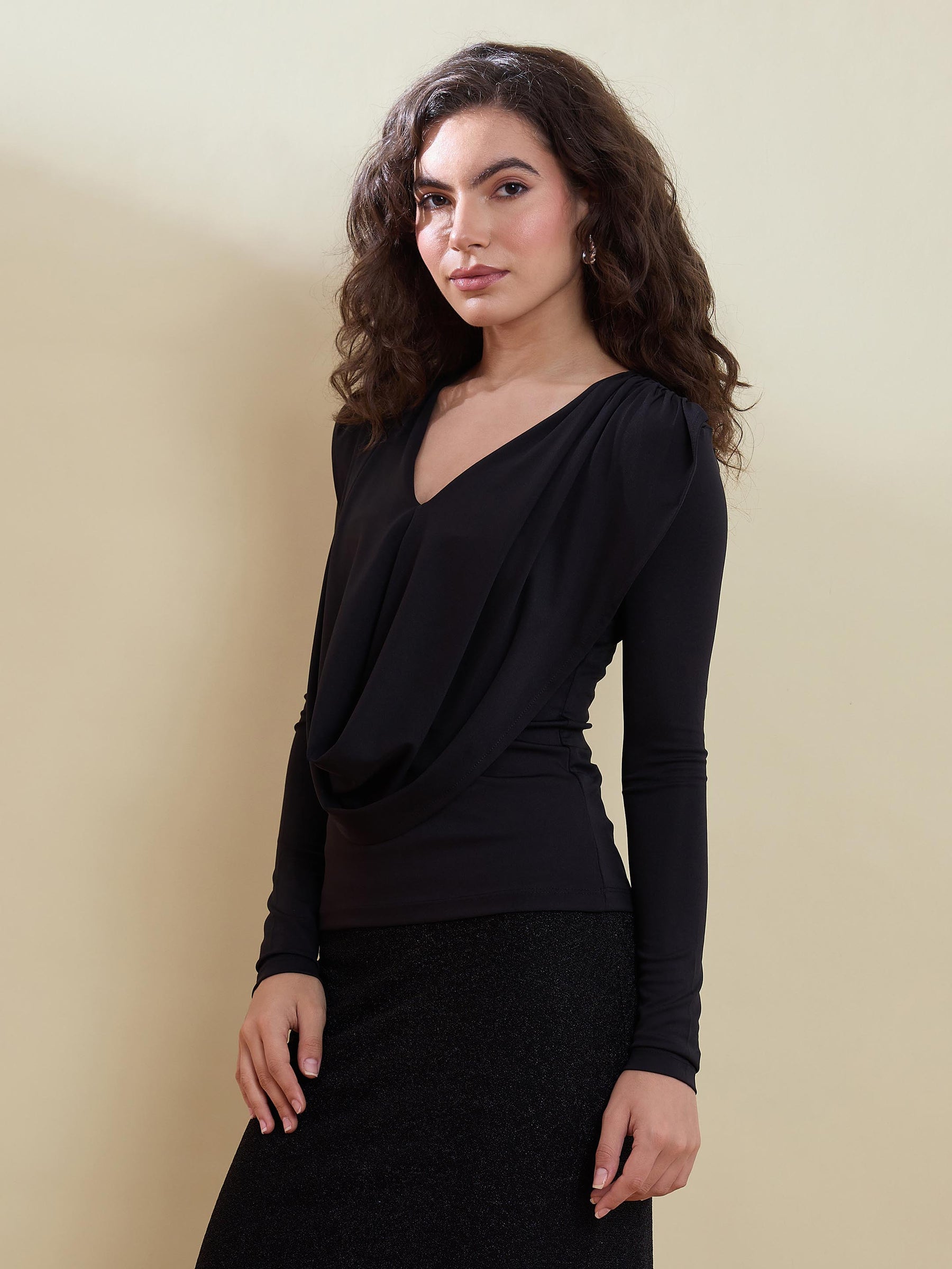 Black Cowl Neck Full Sleeve Top-SASSAFRAS