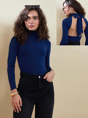 Navy Back Cutout Full Sleeve Bodysuit-SASSAFRAS