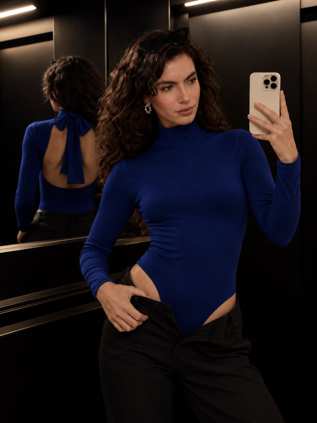 Women Navy Back Cutout Full Sleeve Bodysuit