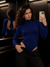 Women Navy Back Cutout Full Sleeve Bodysuit
