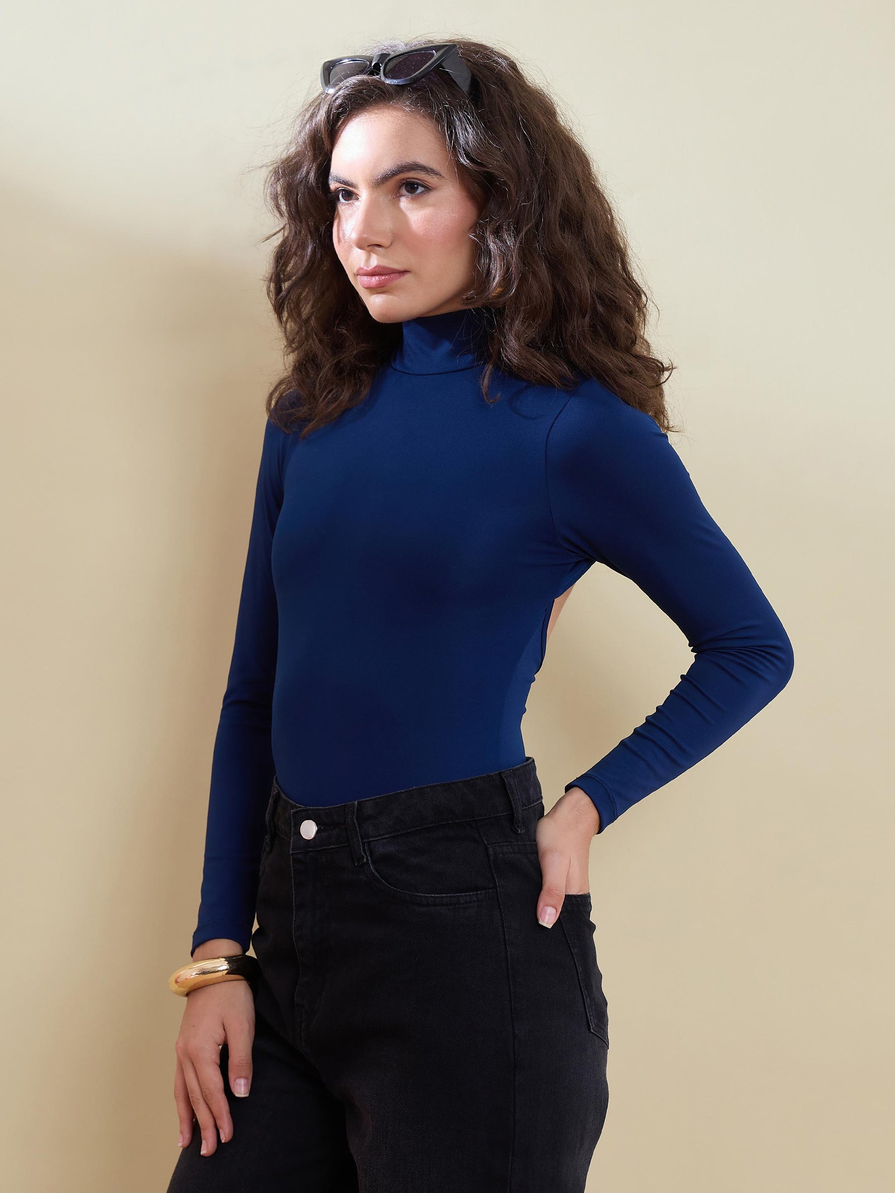 Navy Back Cutout Full Sleeve Bodysuit-SASSAFRAS