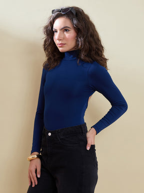 Women Navy Back Cutout Full Sleeve Bodysuit