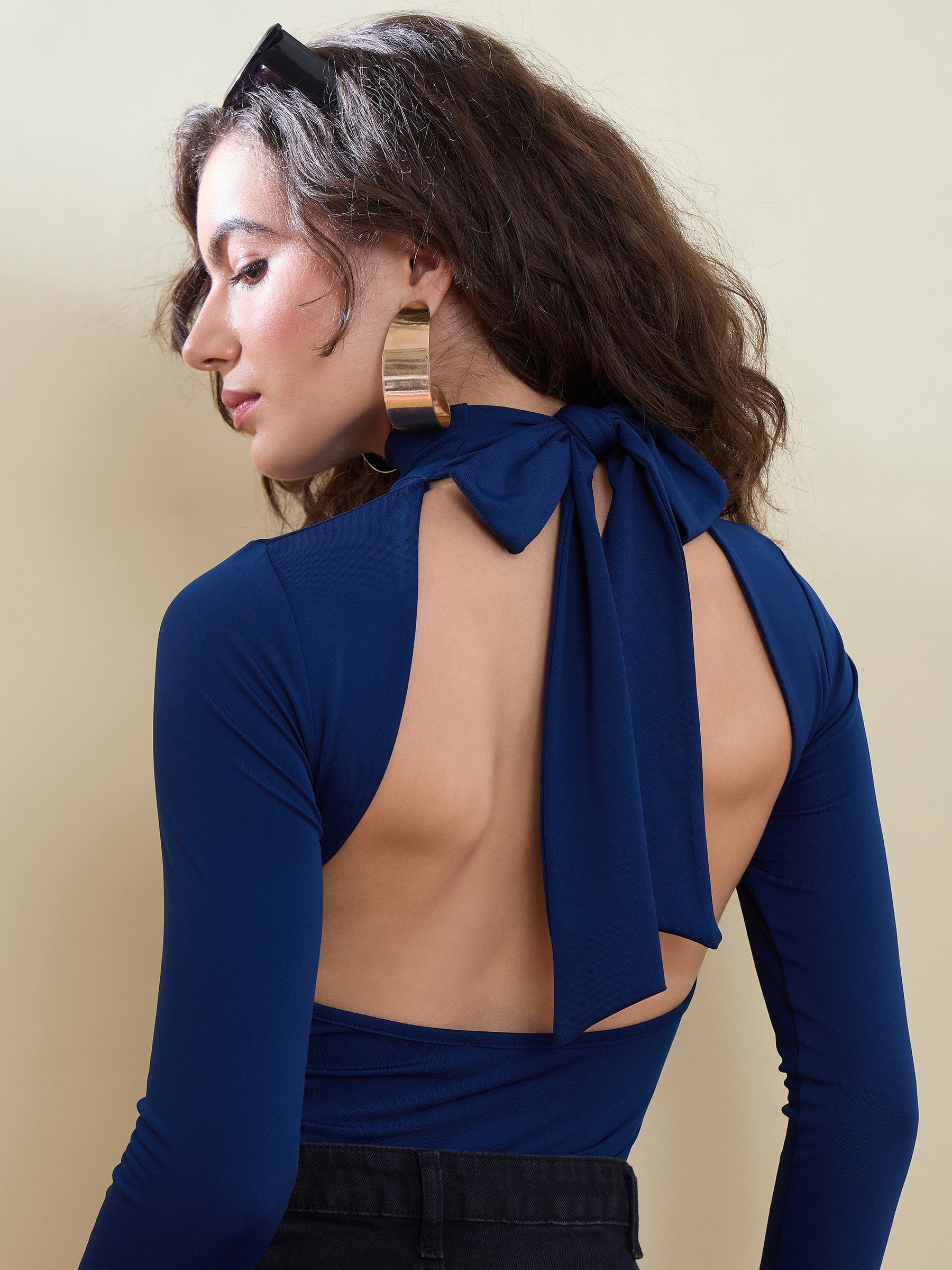 Women Navy Back Cutout Full Sleeve Bodysuit