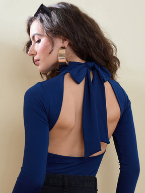 Women Navy Back Cutout Full Sleeve Bodysuit