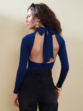 Women Navy Back Cutout Full Sleeve Bodysuit