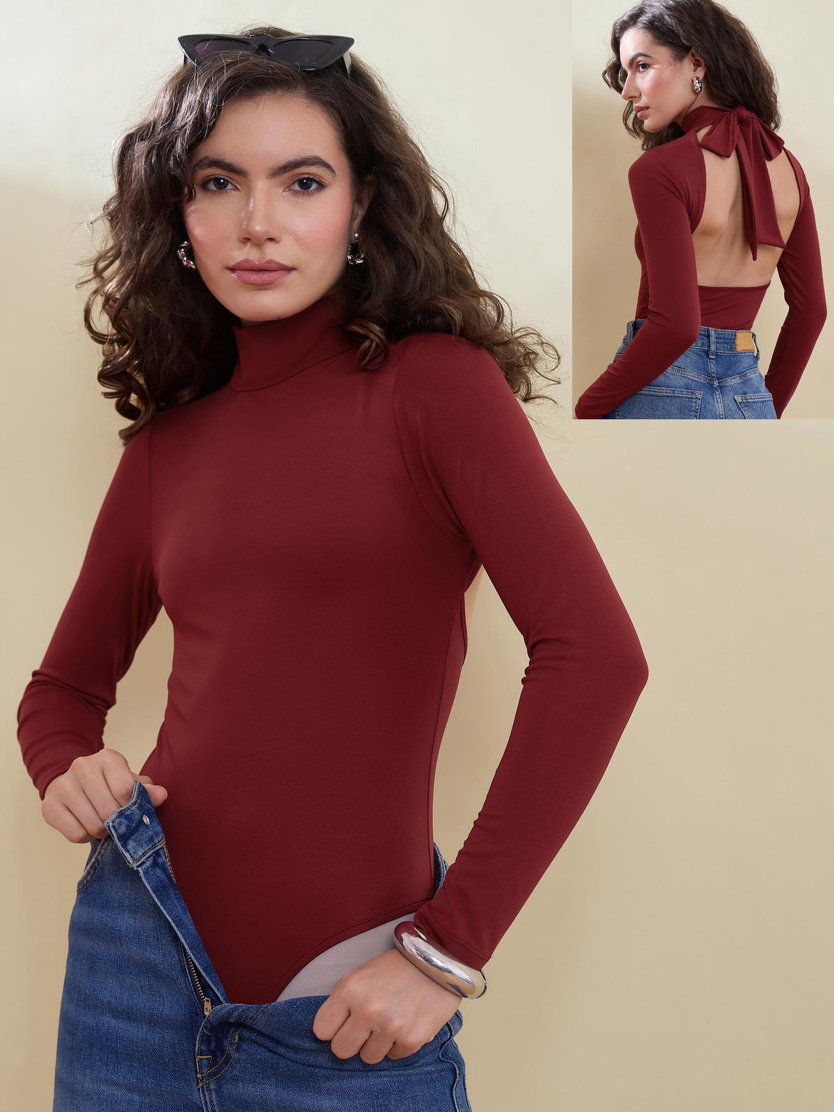 Maroon Back Cutout Full Sleeve Bodysuit -SASSAFRAS