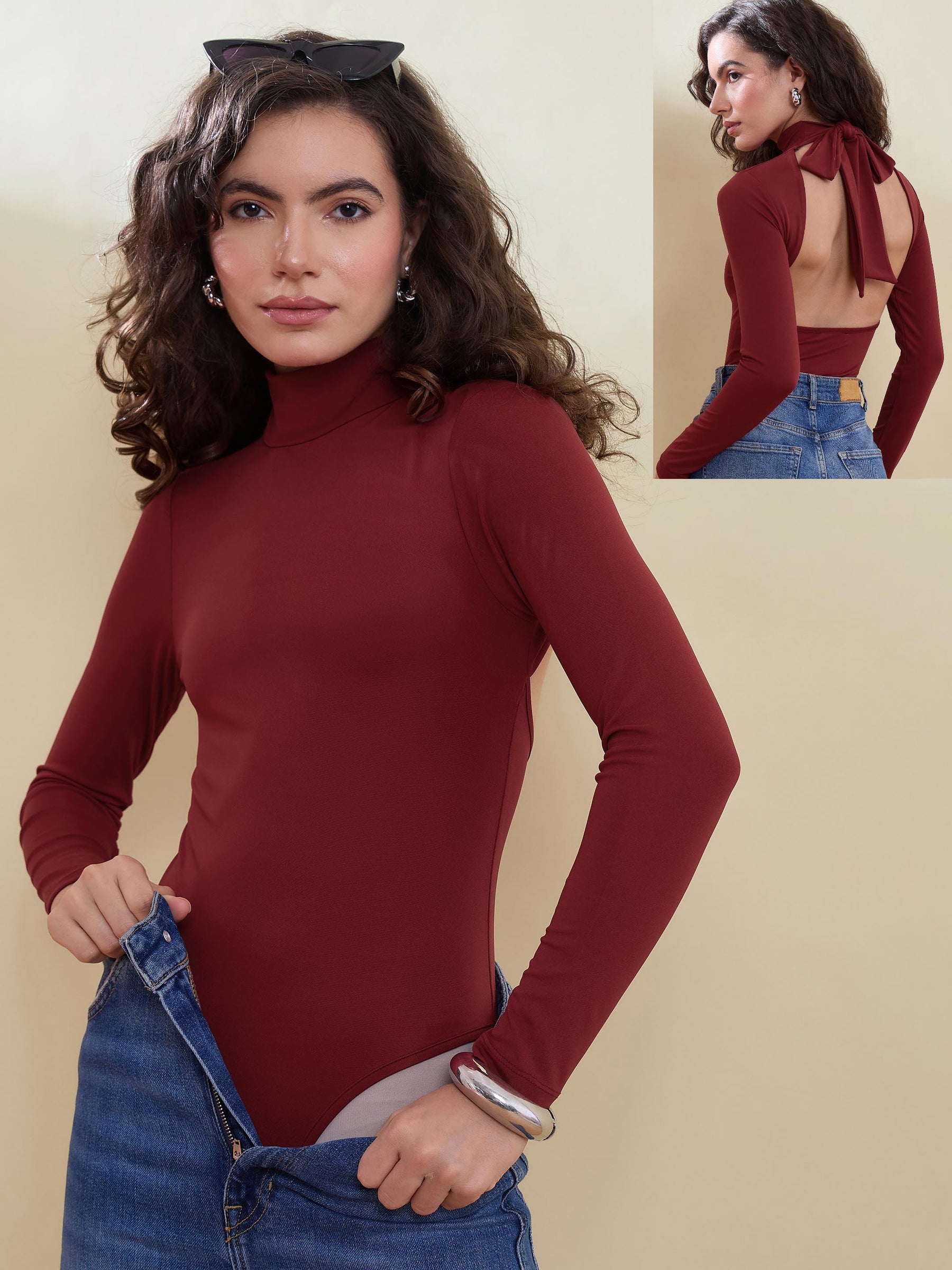 Maroon Back Cutout Full Sleeve Bodysuit -SASSAFRAS