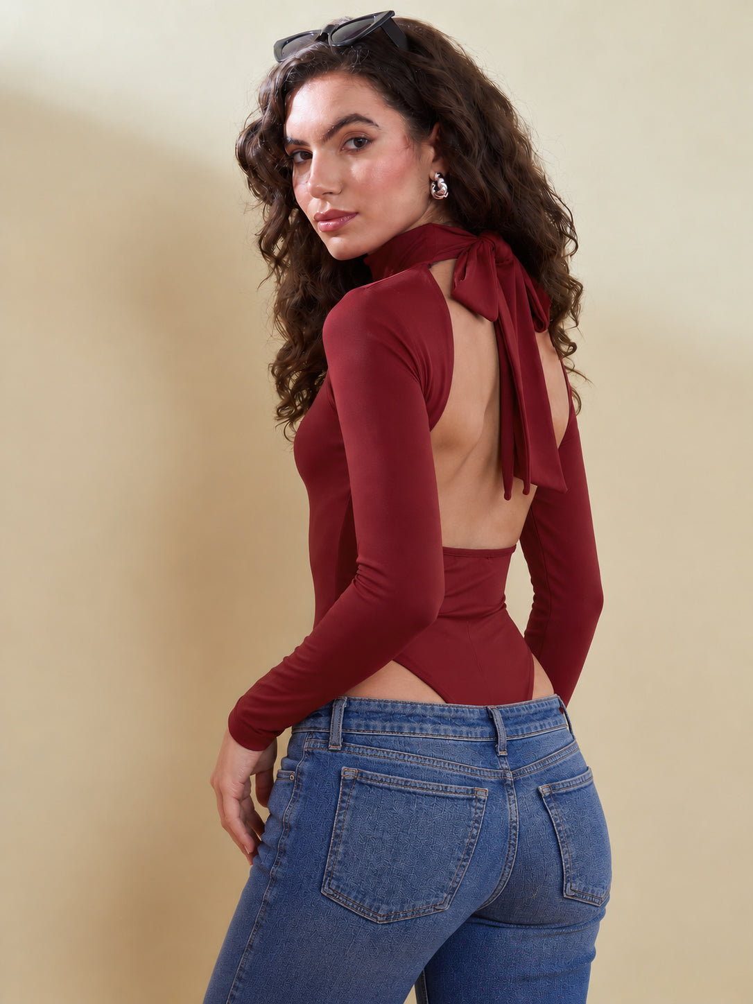 Women Maroon Back Cutout Full Sleeve Bodysuit