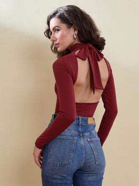 Maroon Back Cutout Full Sleeve Bodysuit -SASSAFRAS