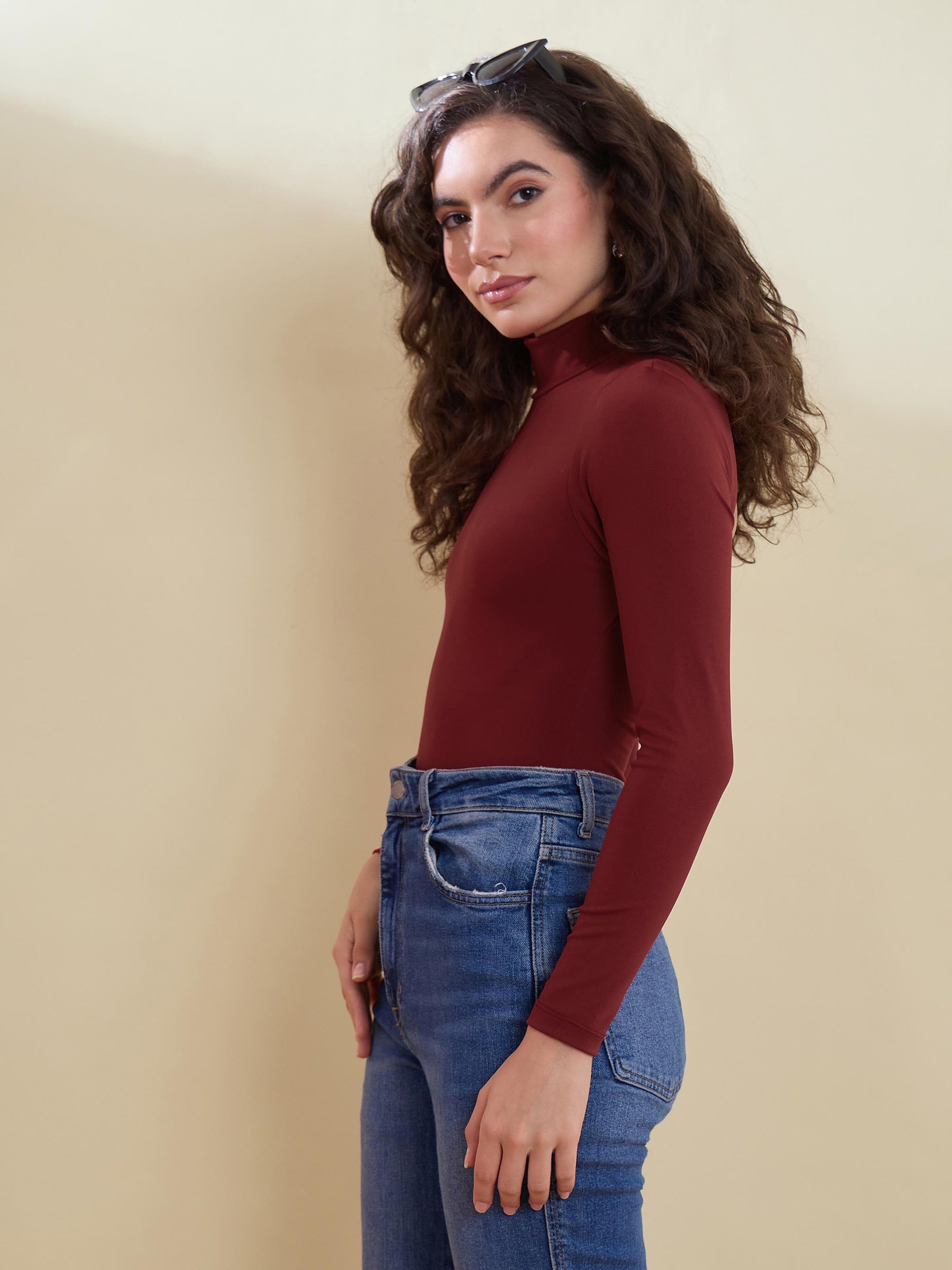 Maroon Back Cutout Full Sleeve Bodysuit -SASSAFRAS