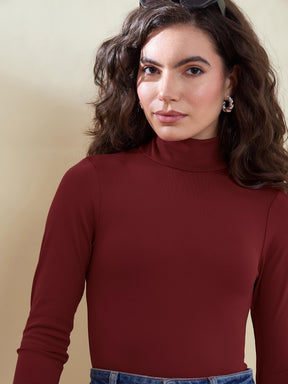 Maroon Back Cutout Full Sleeve Bodysuit -SASSAFRAS