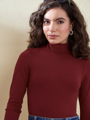 Women Maroon Back Cutout Full Sleeve Bodysuit