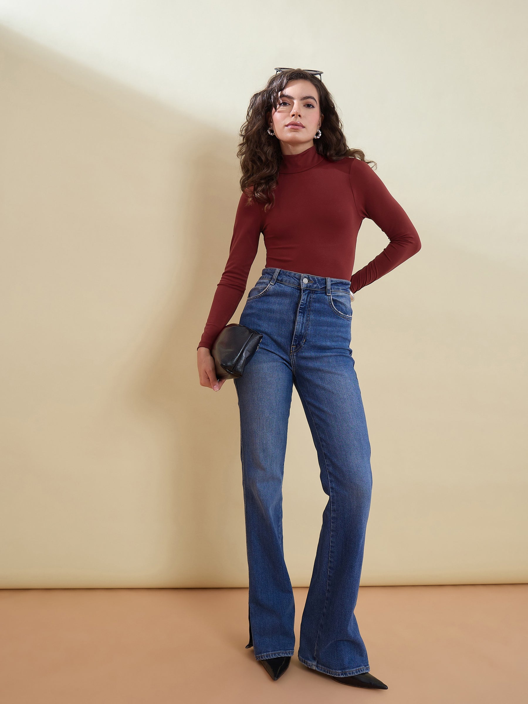 Women Maroon Back Cutout Full Sleeve Bodysuit