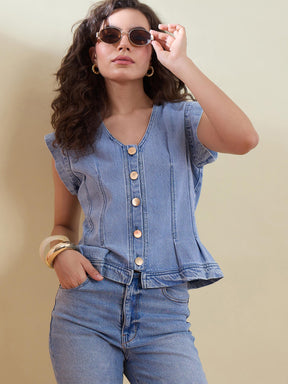 Ice Blue Denim Button Front Darted Sleeveless Top-SASSAFRAS