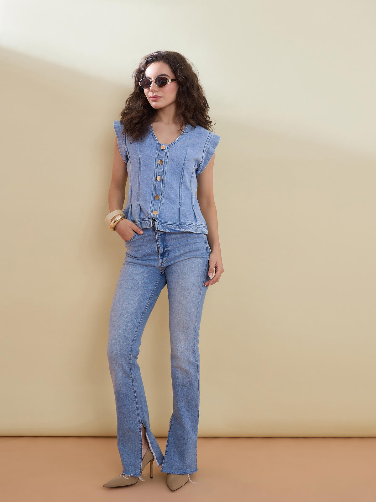 Ice Blue Denim Button Front Darted Sleeveless Top-SASSAFRAS