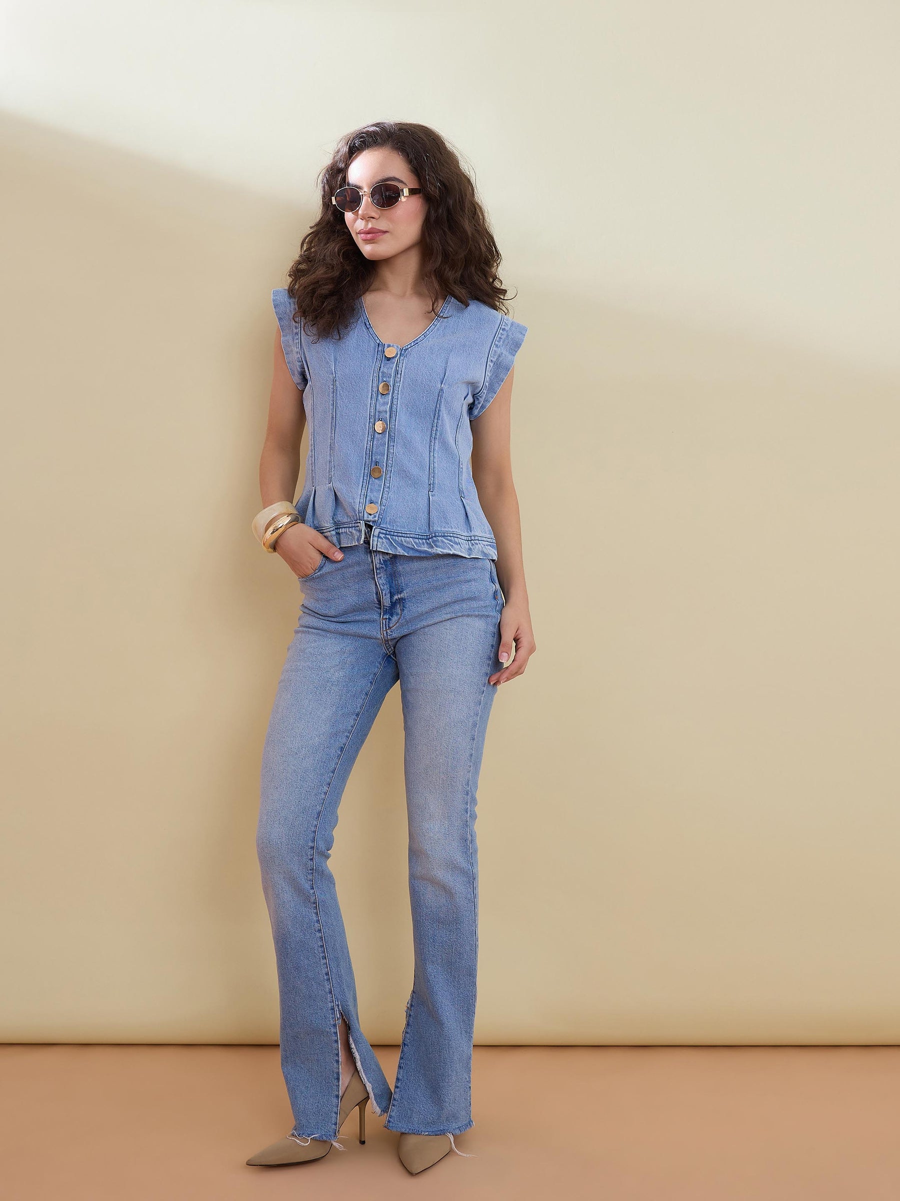 Ice Blue Denim Button Front Darted Sleeveless Top-SASSAFRAS