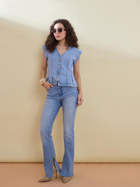 Ice Blue Denim Button Front Darted Sleeveless Top-SASSAFRAS
