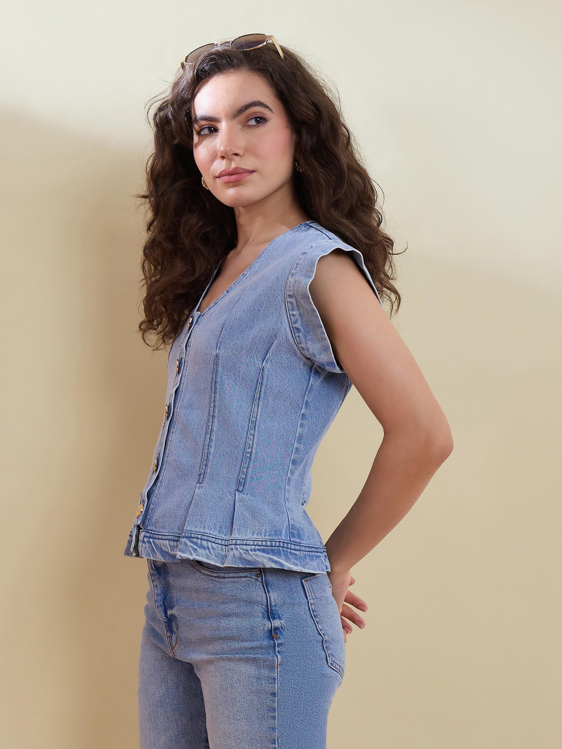 Ice Blue Denim Button Front Darted Sleeveless Top-SASSAFRAS