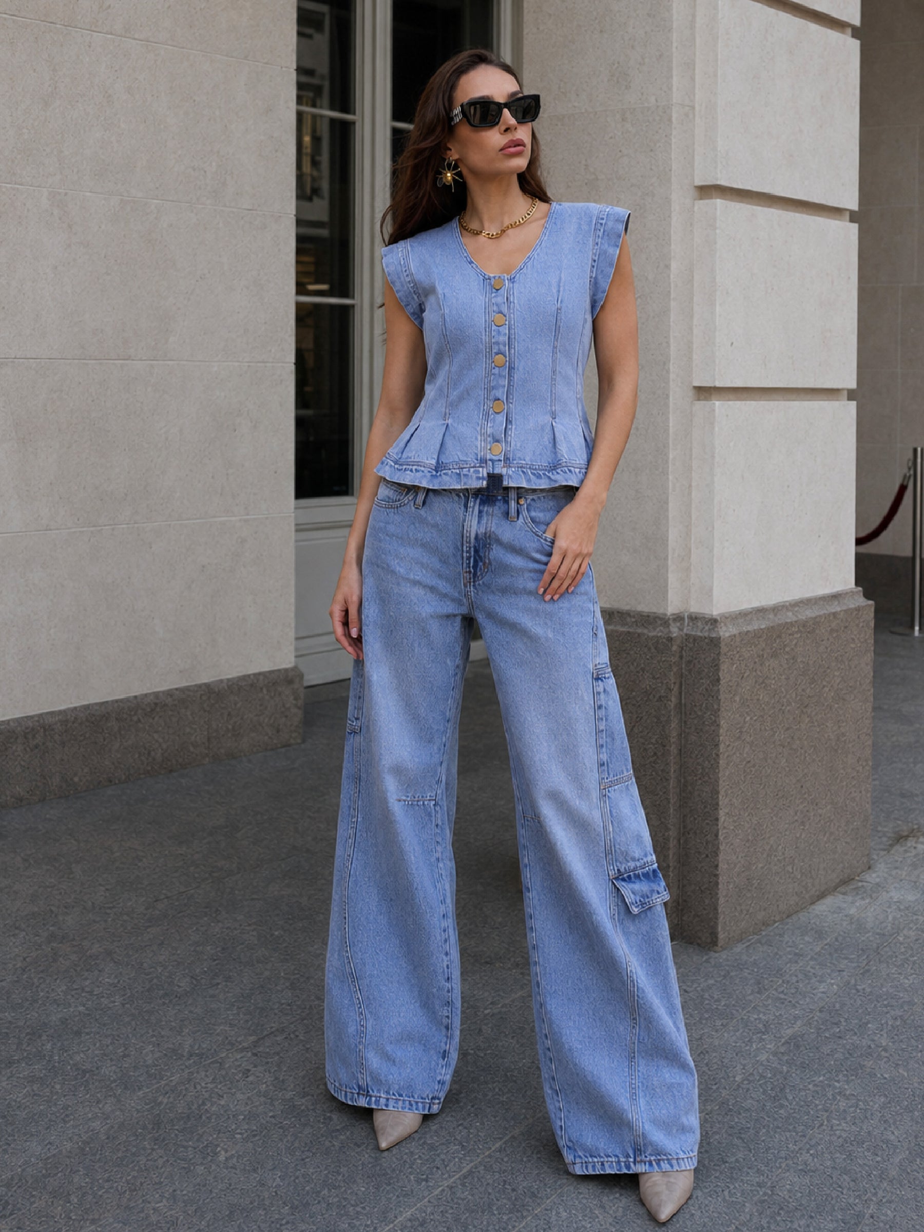 Ice Blue Denim Sleeveless Top With Cargo Jeans-SASSAFRAS