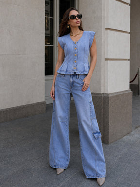 Ice Blue Denim Sleeveless Top With Cargo Jeans-SASSAFRAS