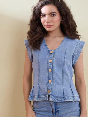 Ice Blue Denim Sleeveless Top With Cargo Jeans-SASSAFRAS