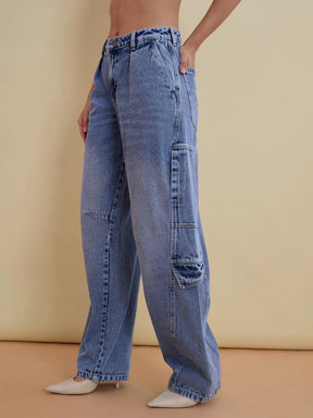 Ice Blue Denim Sleeveless Top With Cargo Jeans-SASSAFRAS