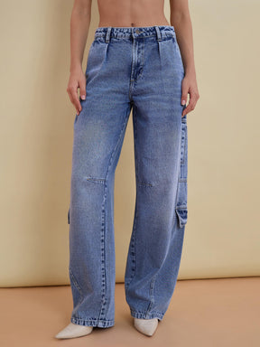 Ice Blue Denim Sleeveless Top With Cargo Jeans-SASSAFRAS