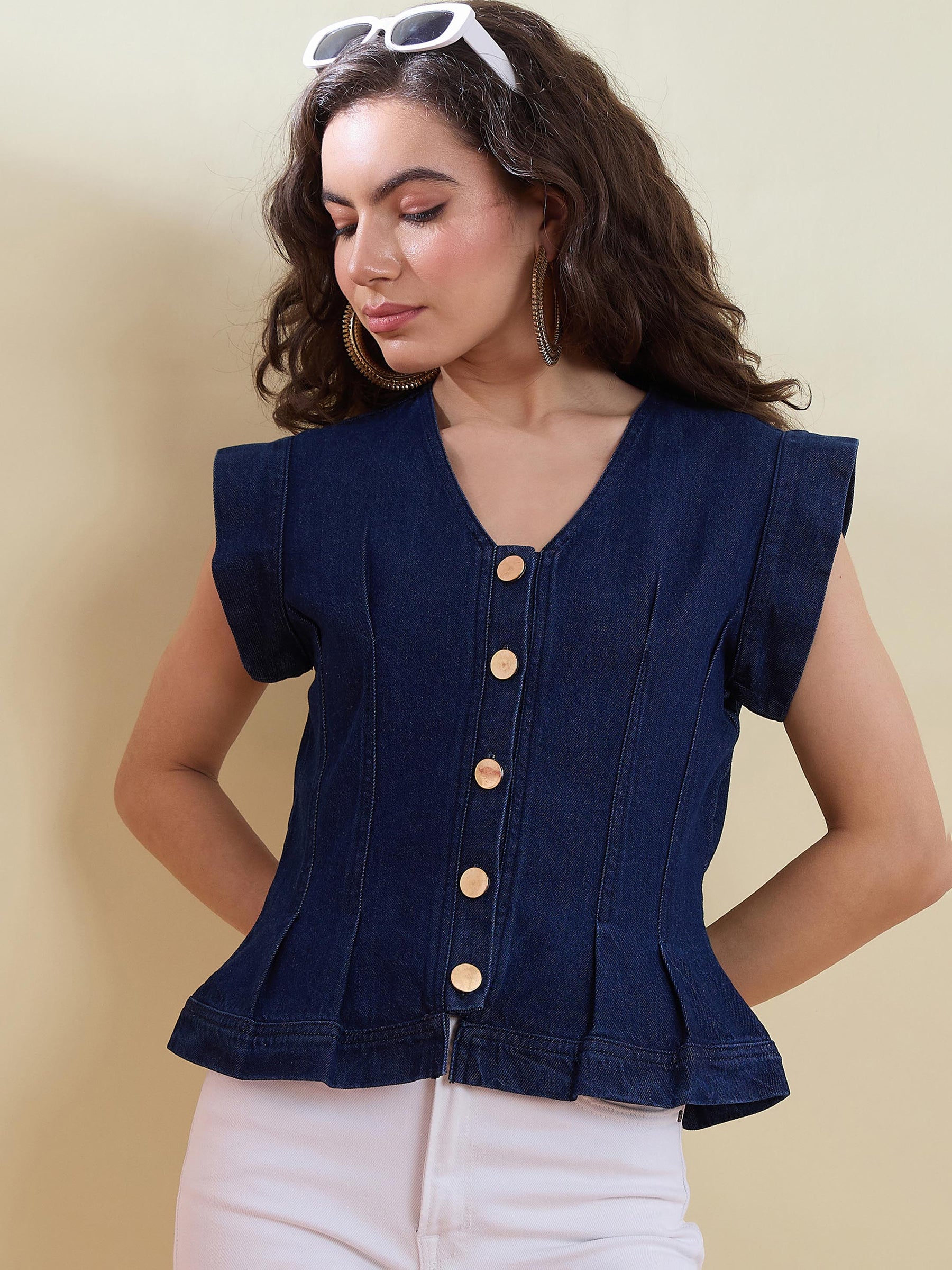 Navy Denim Button Front Darted Sleeveless Top-SASSAFRAS