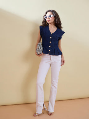 Navy Denim Button Front Darted Sleeveless Top-SASSAFRAS