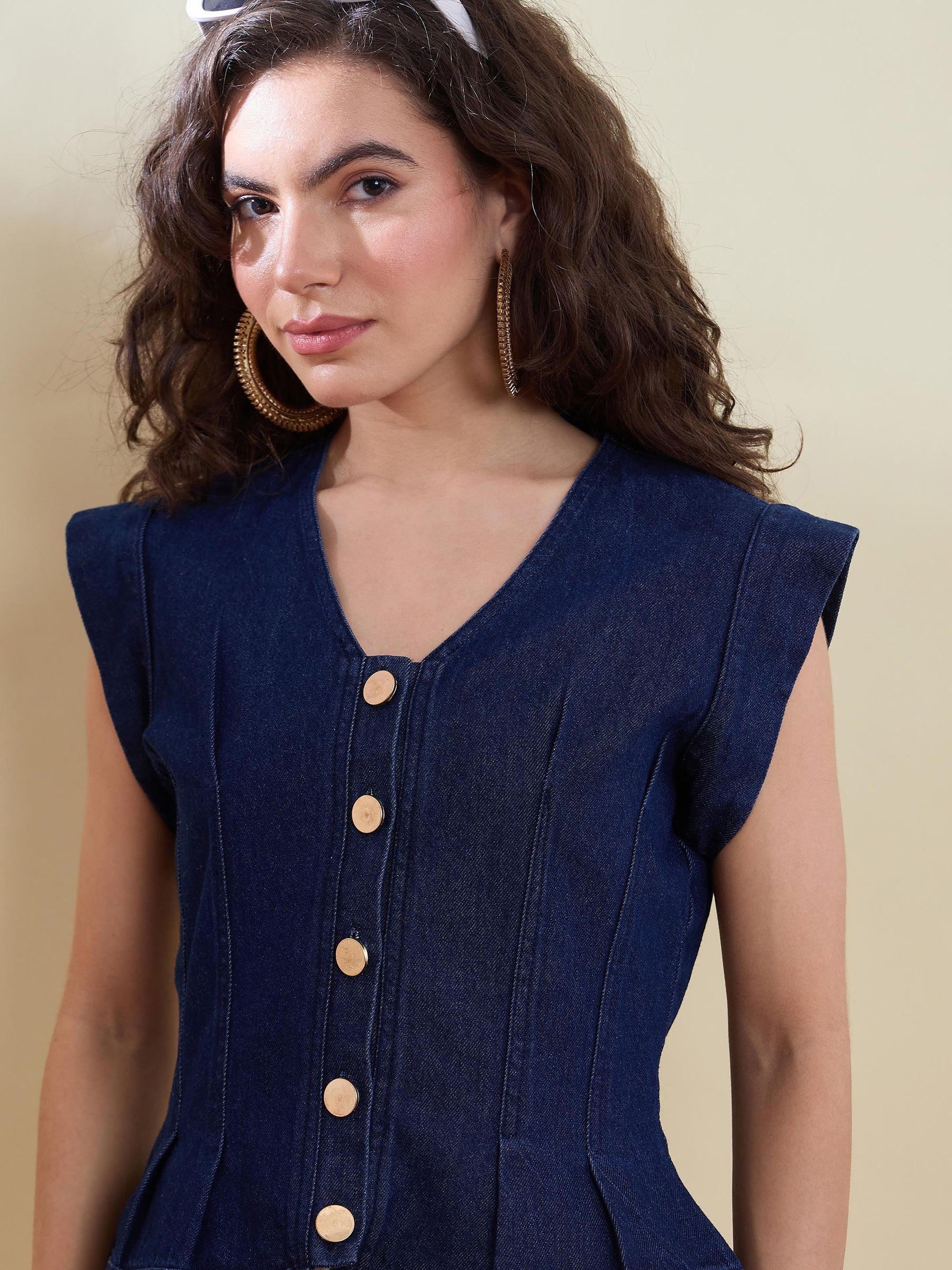 Navy Denim Button Front Darted Sleeveless Top-SASSAFRAS