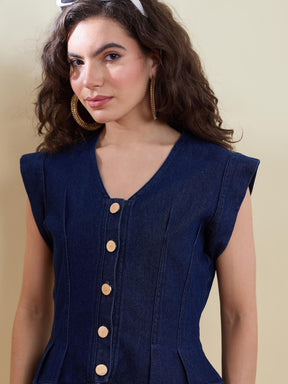 Navy Denim Button Front Darted Sleeveless Top-SASSAFRAS