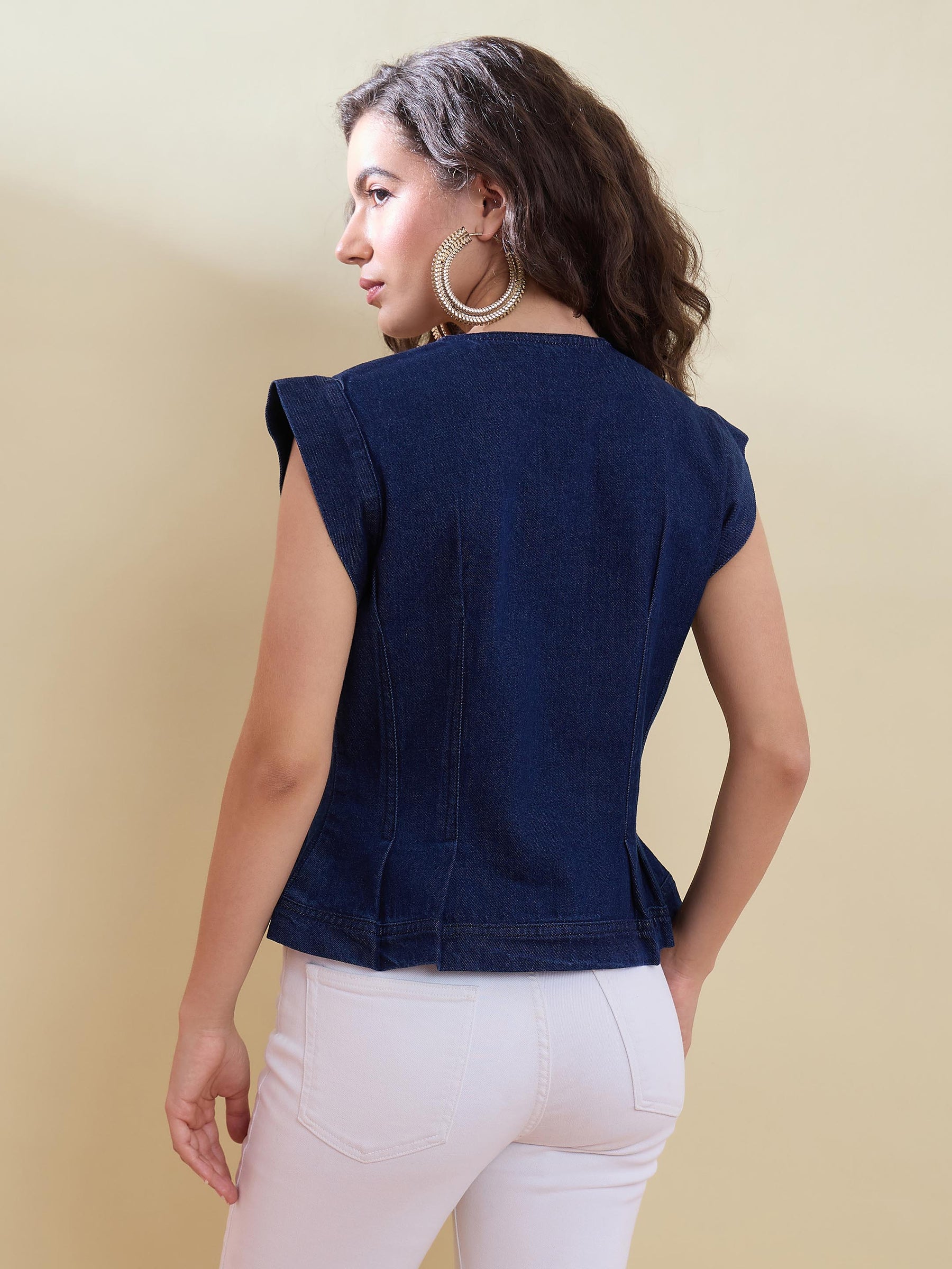 Navy Denim Button Front Darted Sleeveless Top-SASSAFRAS