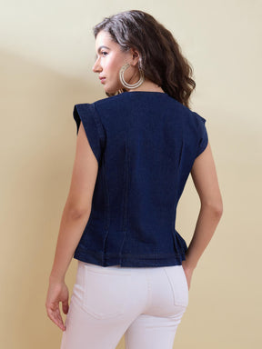 Navy Denim Button Front Darted Sleeveless Top-SASSAFRAS