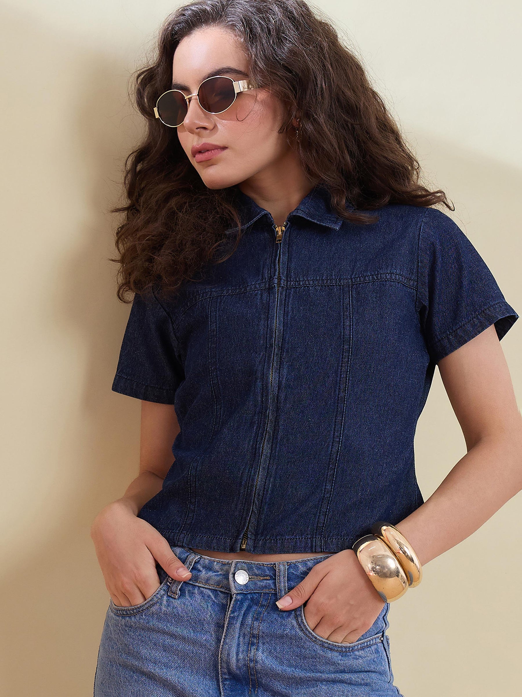 Navy Denim Zipper Front Top-SASSAFRAS