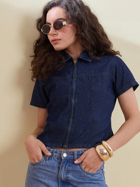 Navy Denim Zipper Front Top-SASSAFRAS