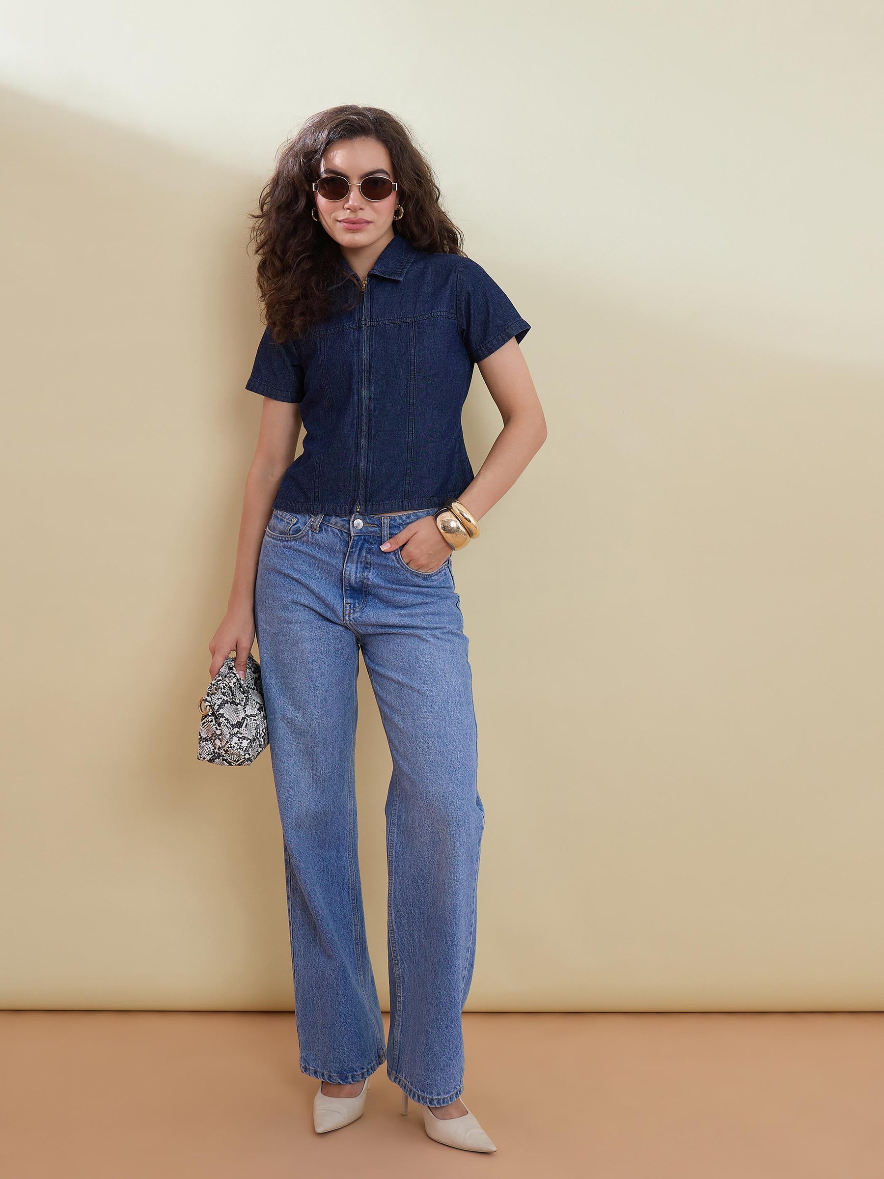 Navy Denim Zipper Front Top-SASSAFRAS