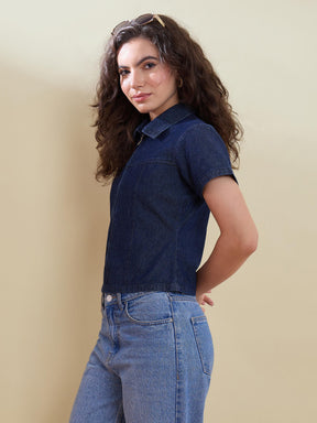 Navy Denim Zipper Front Top-SASSAFRAS