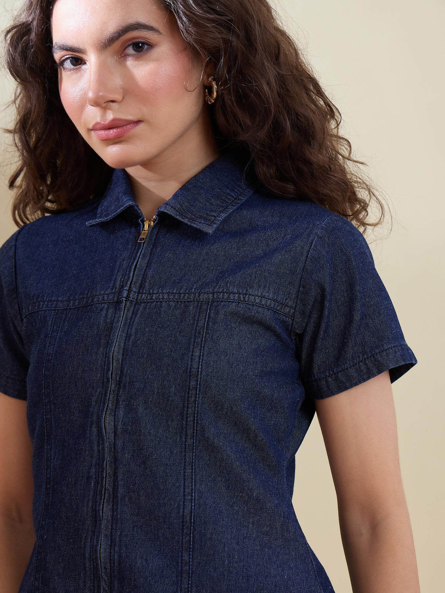 Navy Denim Zipper Front Top-SASSAFRAS