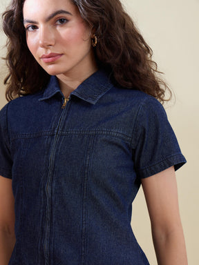 Navy Denim Zipper Front Top-SASSAFRAS