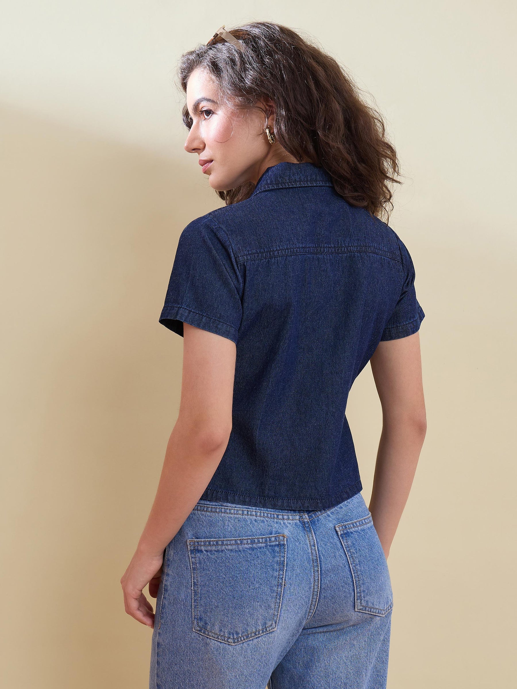 Navy Denim Zipper Front Top-SASSAFRAS