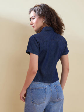 Navy Denim Zipper Front Top-SASSAFRAS
