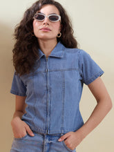 Blue Denim Zipper Front Top-SASSAFRAS