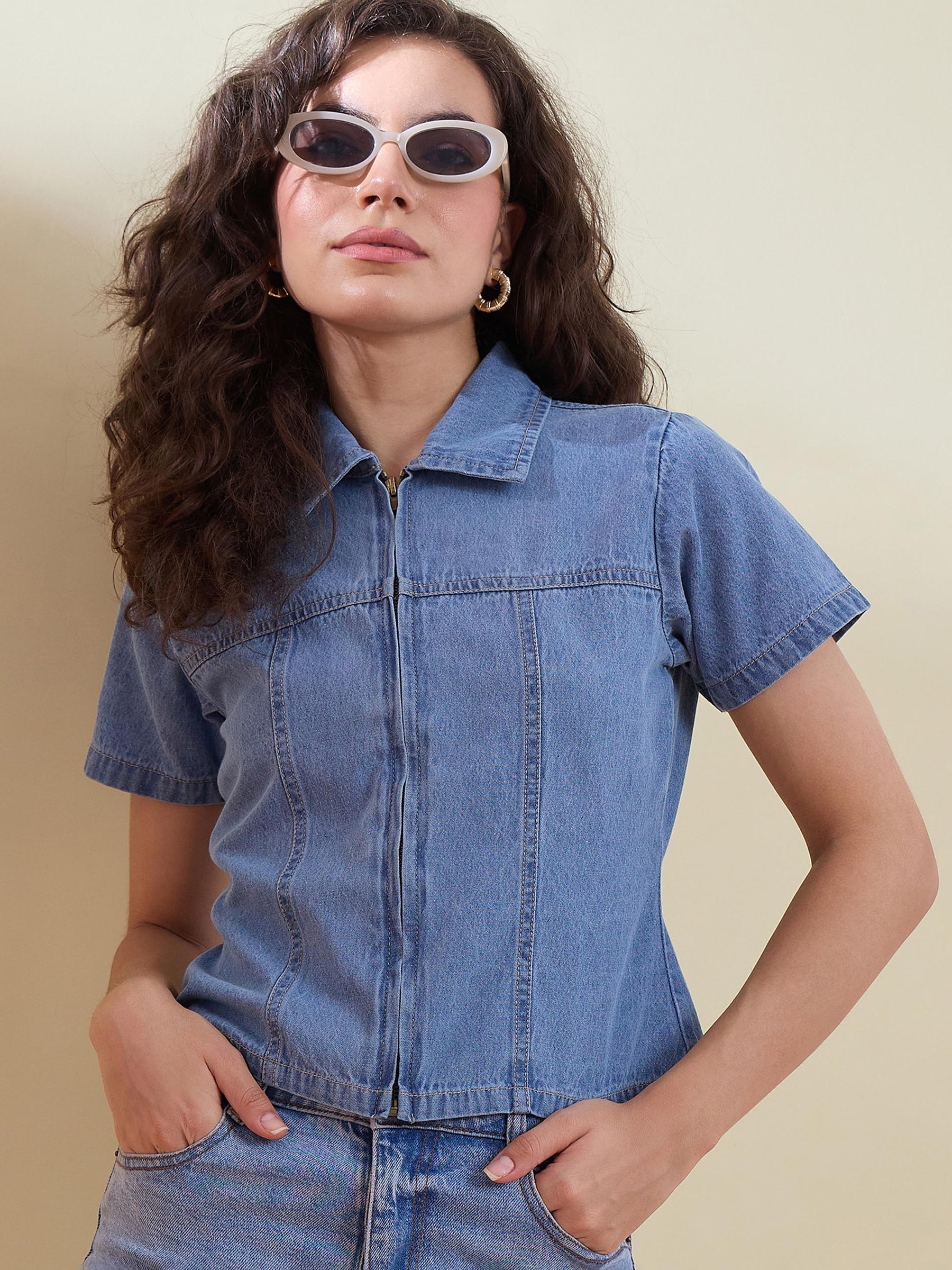 Blue Denim Zipper Front Top-SASSAFRAS