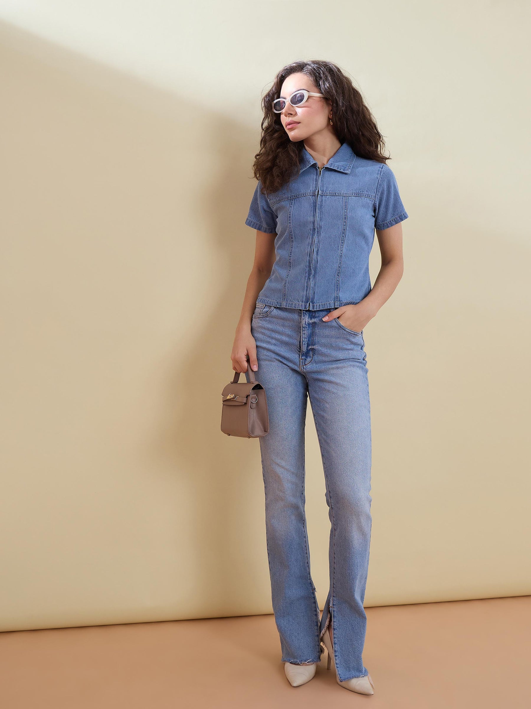 Blue Denim Zipper Front Top-SASSAFRAS