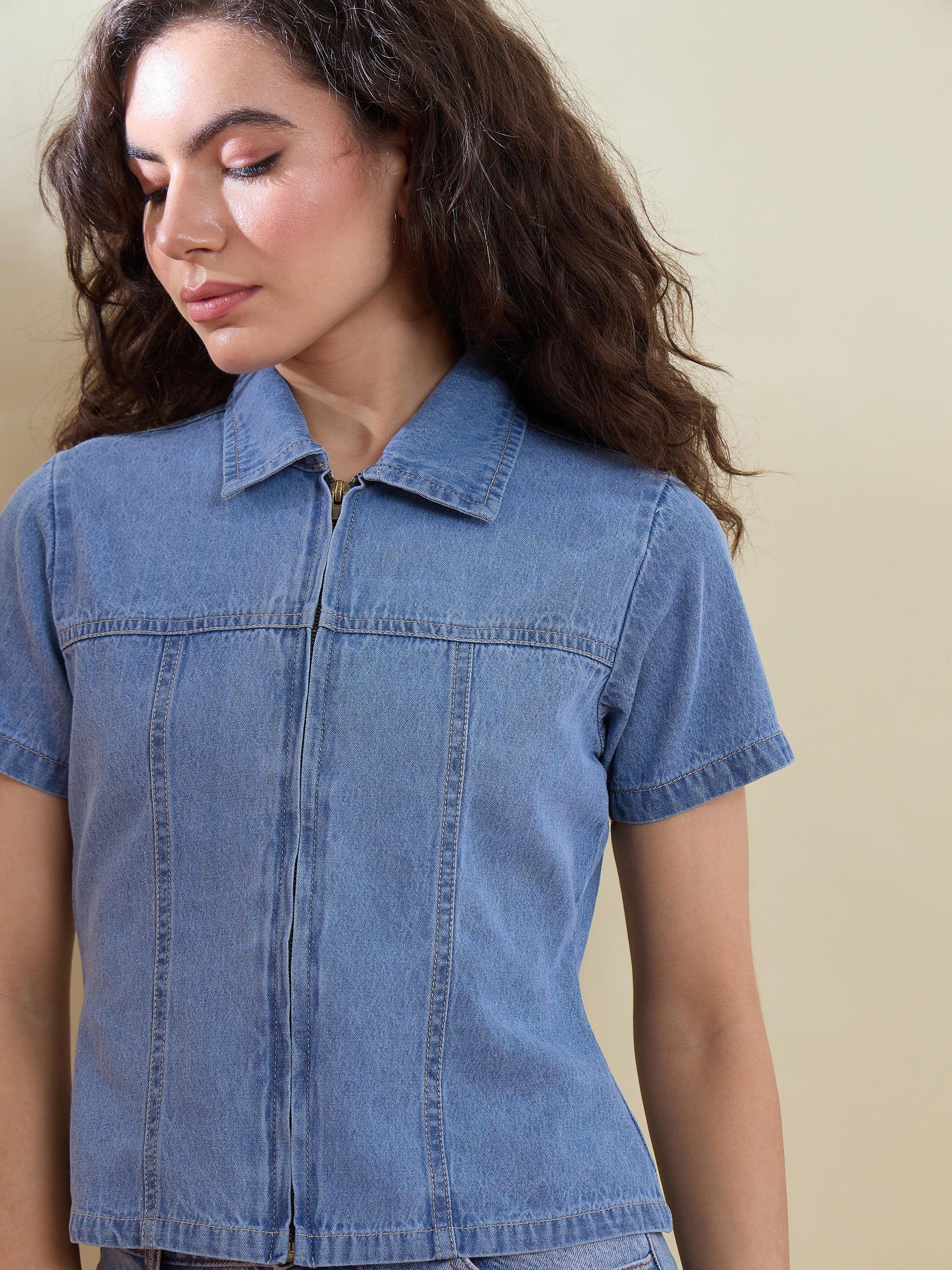 Blue Denim Zipper Front Top-SASSAFRAS