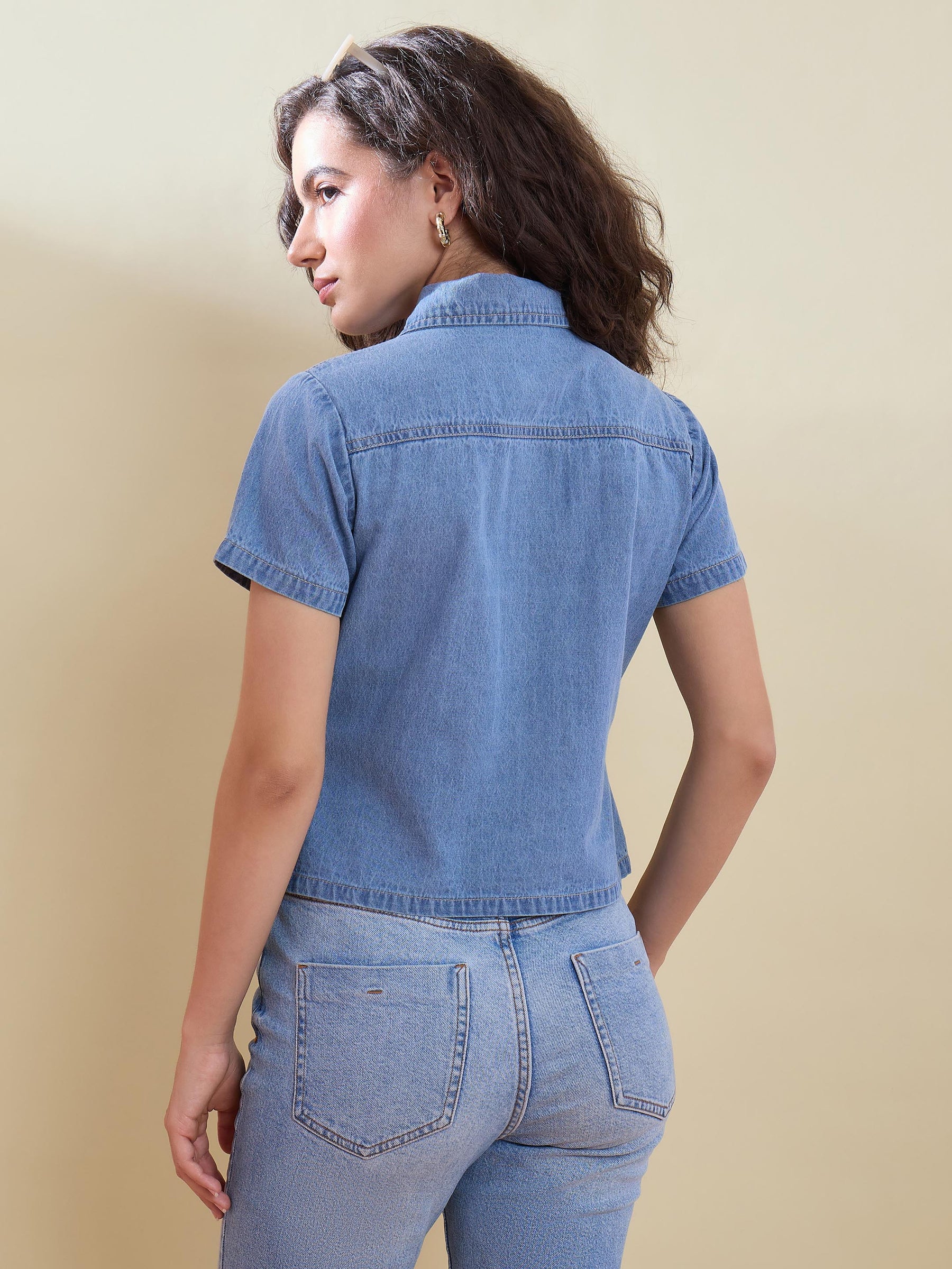 Blue Denim Zipper Front Top-SASSAFRAS