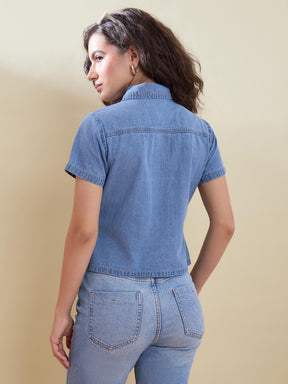 Blue Denim Zipper Front Top-SASSAFRAS