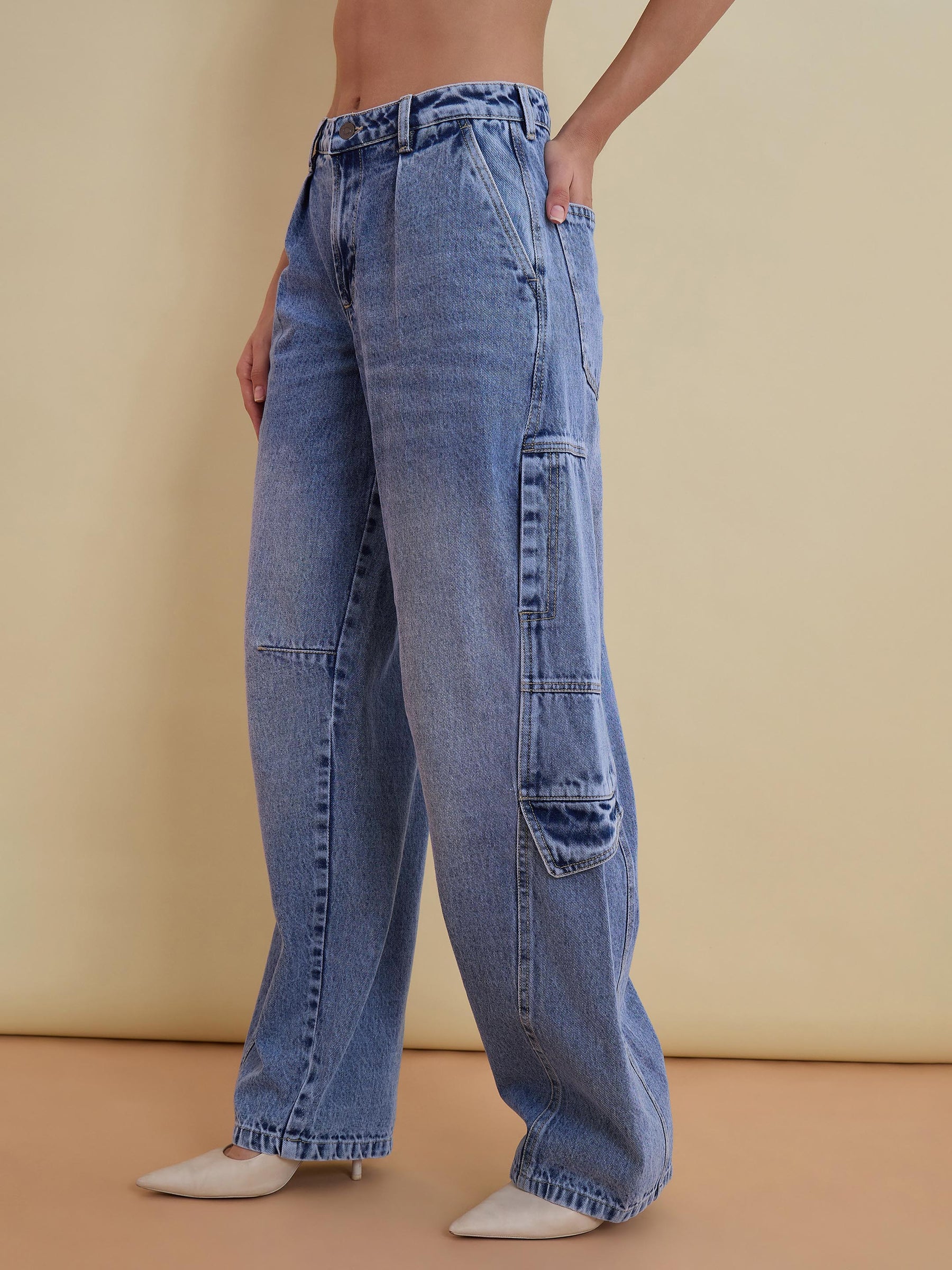 Blue Denim Zipper Front Top With Cargo Jeans-SASSAFRAS